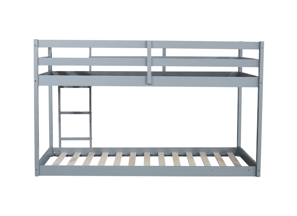 Solid Wooden , Solid Rubber Wooden Twin over Twin Floor Bunk Bed with Ladder ,Upper and Bottom Bed Platforms crafted with Strengthened Slats ,Grey