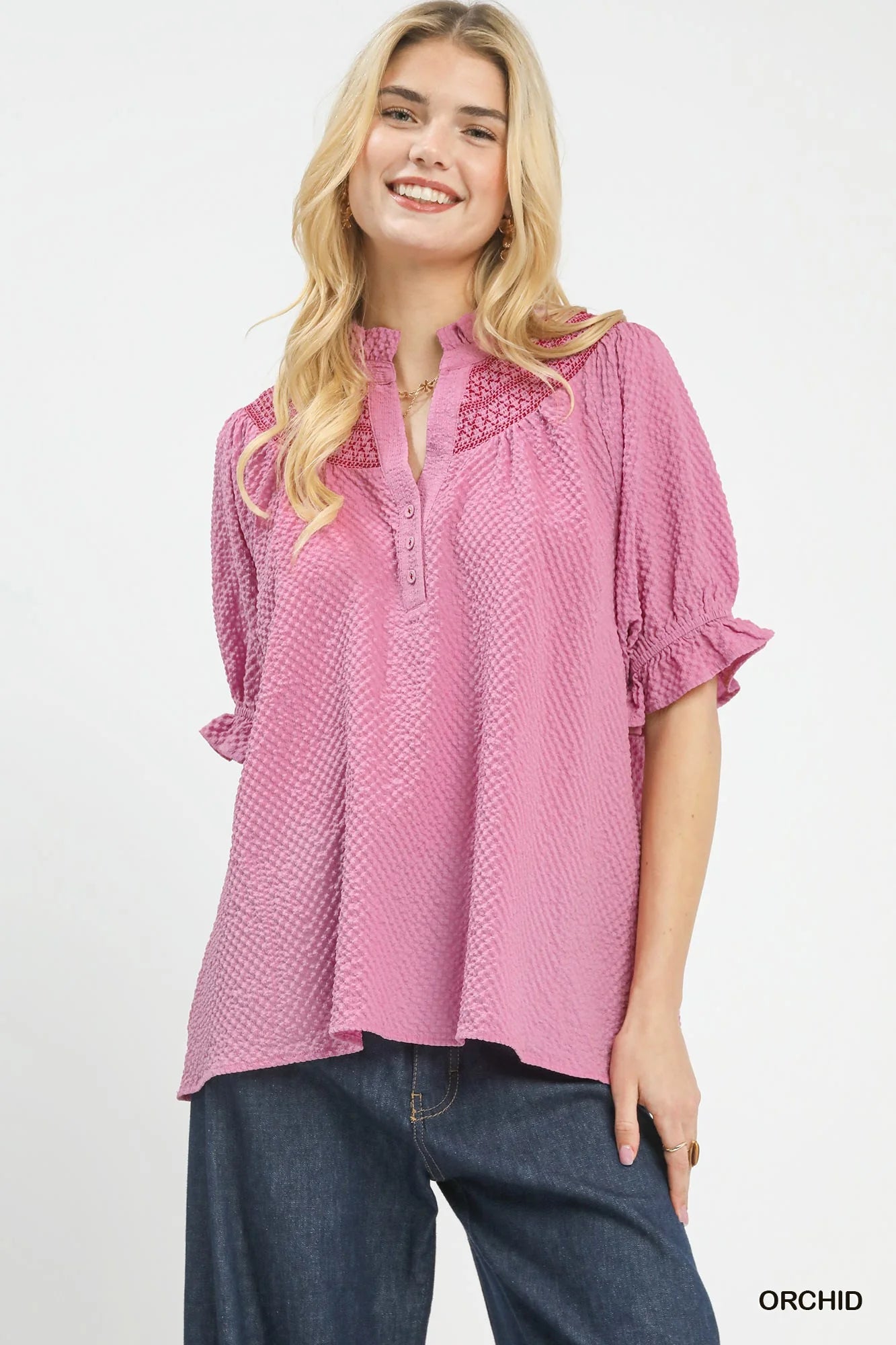Umgee Textured Henley Blouse with Ruffle Cuffs