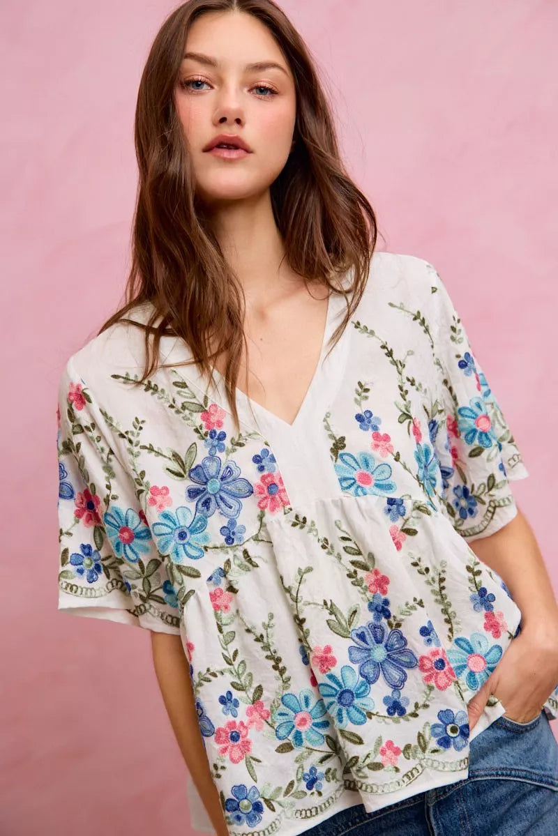 SO ME Floral Embroidered Baby Doll Blouse Top