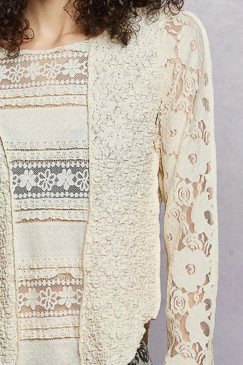 POL Round Neck Long Sleeve Exposed Seam Top with Lace Detail