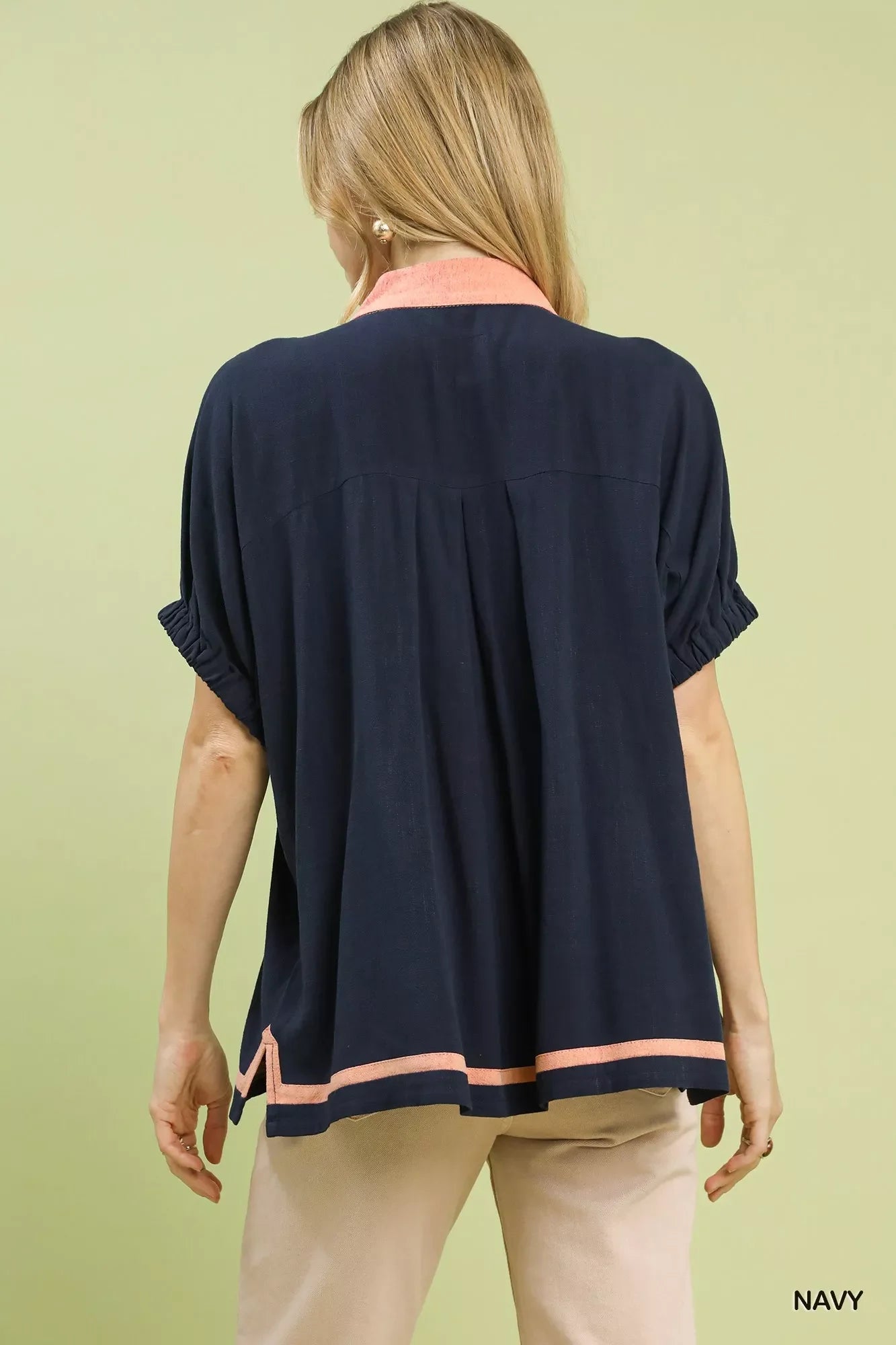 Umgee Linen Contrast Trim V-Neck Blouse