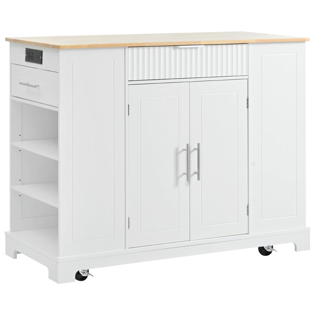 K&K Fluted Kitchen Island with Trash Can Storage Cabinet, Power Outlet, Internal Storage Rack, Rolling Kitchen Islands on 5 Wheels with 3 Drawer, 3 Open Side Racks for 10 Gallon Garbage Bin, White