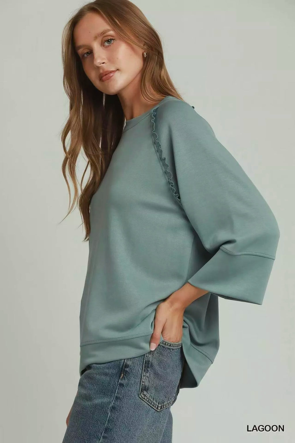 Umgee Ruffle Trim 3/4 Raglan Sleeve Top