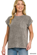 Zenana Halo Snow Washed Cuffed Short Sleeve Tee