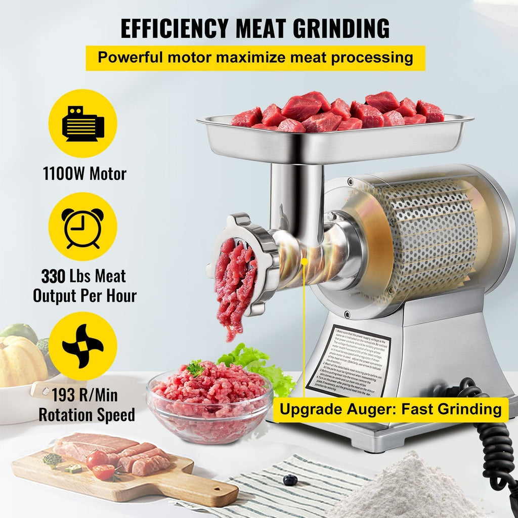 Commercial Meat Grinder,550LB/h 1100W Electric Meat Grinder, 220 RPM Heavy Duty Stainless Steel Industrial Meat Mincer w/2 Blades, Grinding Plates & Stuffing Tubes