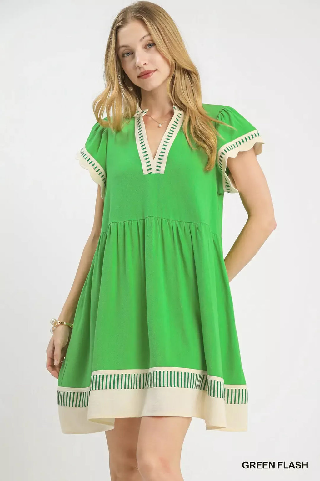 Umgee Linen Color Block Flutter Sleeve Dress