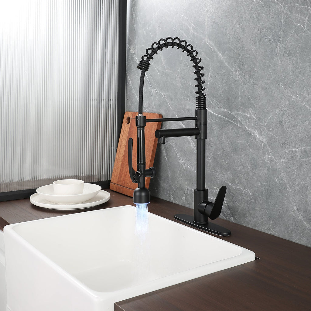 Industrial Chic Matte Black Kitchen Sink Faucet with LED Pull Down Sprayer, Single Handle High Arc Stainless Steel Faucet, Dual Spouts, Deck Mount