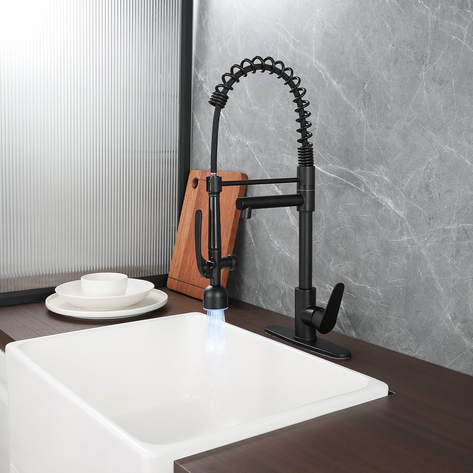 Industrial Chic Matte Black Kitchen Sink Faucet with LED Pull Down Sprayer, Single Handle High Arc Stainless Steel Faucet, Dual Spouts, Deck Mount