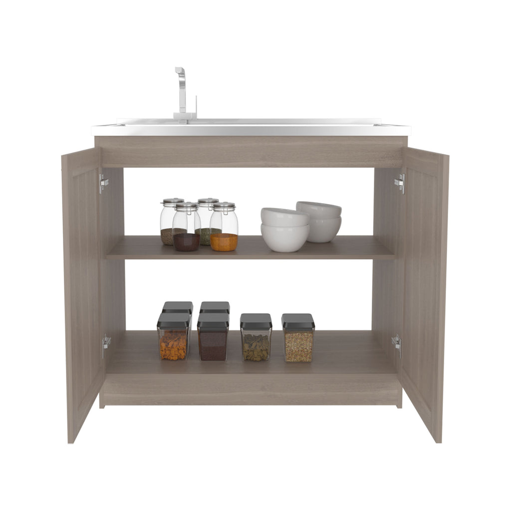Zurich 39' Wide Utility Sink, Base Cabinet Two-Door Cabinet With Two Shelves, Stainless Steel Sink, Laundry Room, Garage Sink, Light Gray
