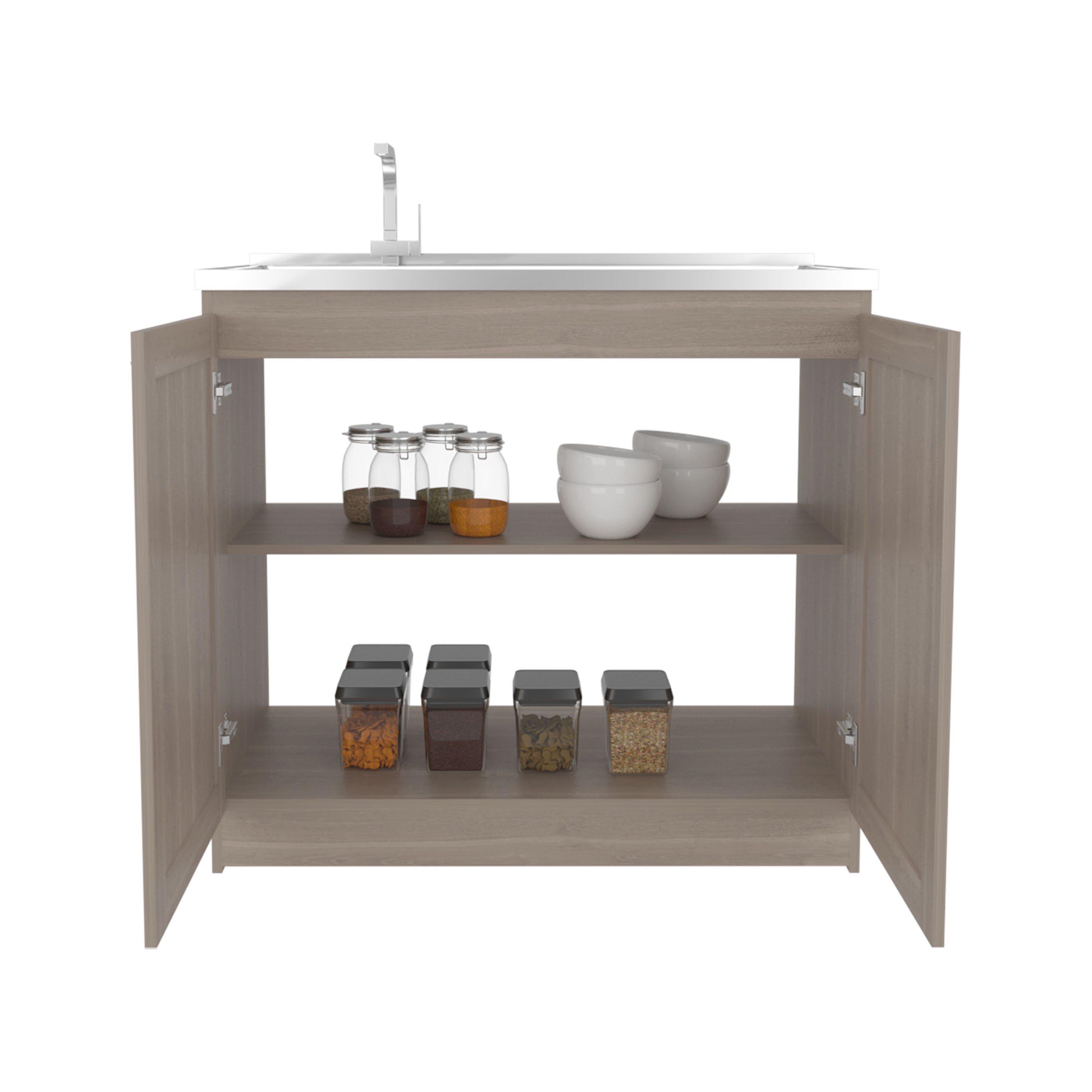 Zurich 39' Wide Utility Sink, Base Cabinet Two-Door Cabinet With Two Shelves, Stainless Steel Sink, Laundry Room, Garage Sink, Light Gray