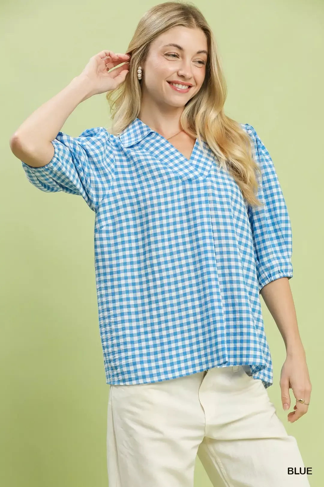 Umgee Gingham Puff Sleeve Collared Blouse