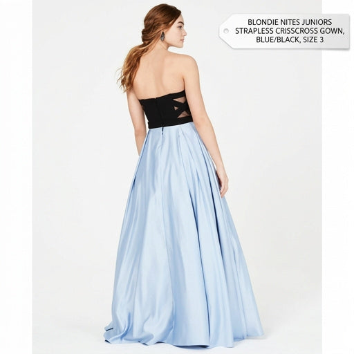 Blondie Nites Juniors Strapless Crisscross Gown Blue/Black, Size 3