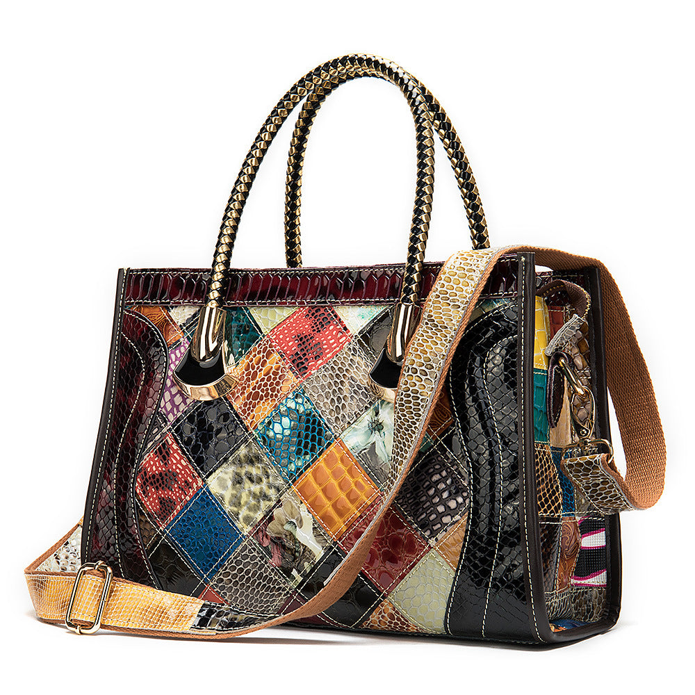 New Women's Color-Block Top Leather Handbag (Large Capacity)