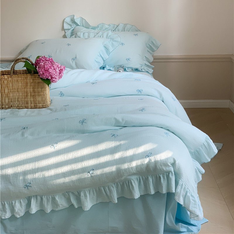 Double Layer Ribbon Tie White Ruffle Bedding Set