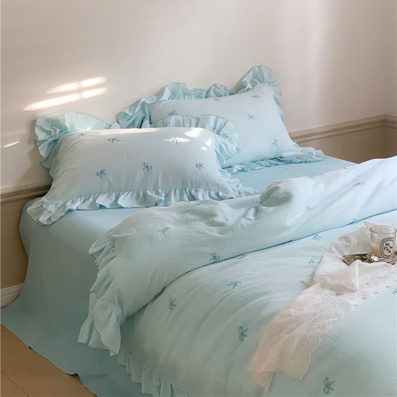 Double Layer Ribbon Tie White Ruffle Bedding Set