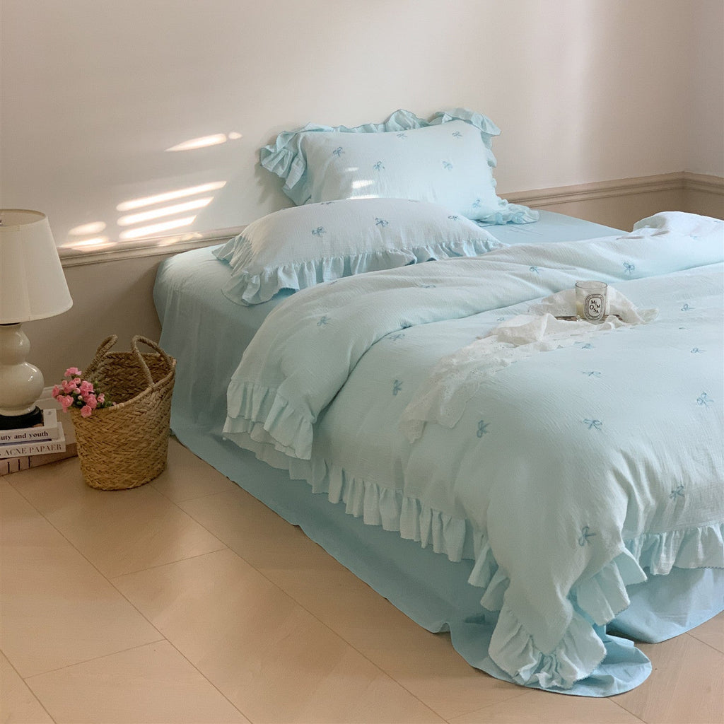 Double Layer Ribbon Tie White Ruffle Bedding Set
