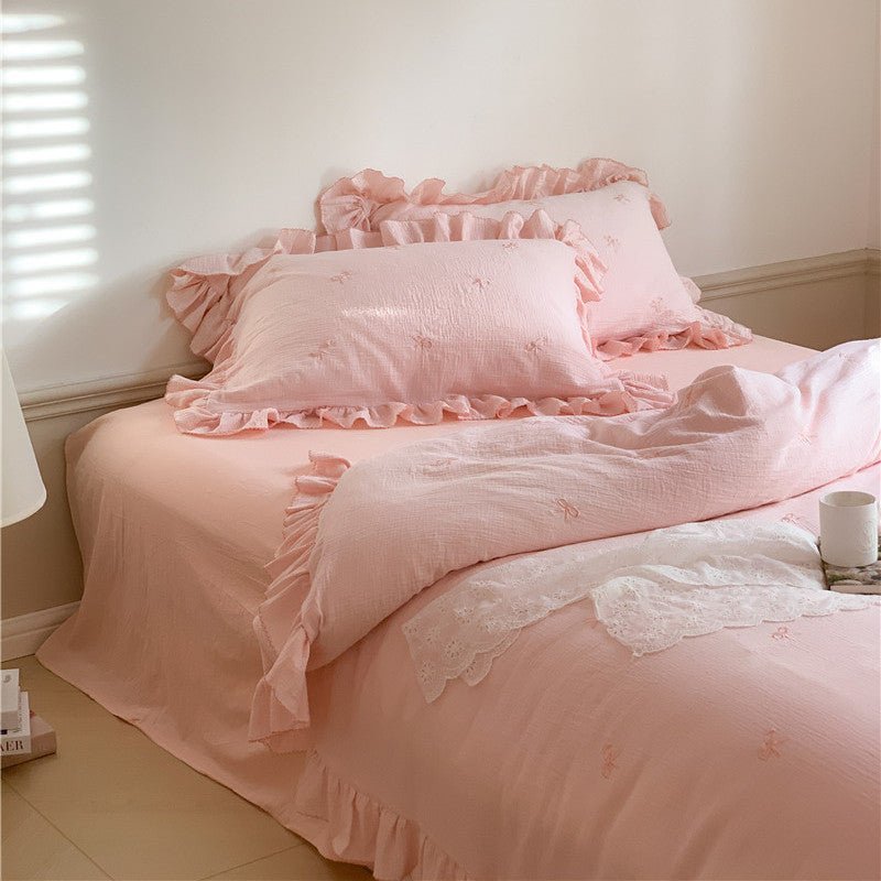 Double Layer Ribbon Tie White Ruffle Bedding Set