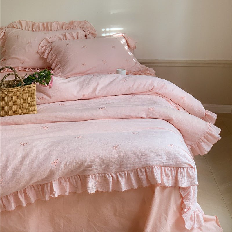 Double Layer Ribbon Tie White Ruffle Bedding Set