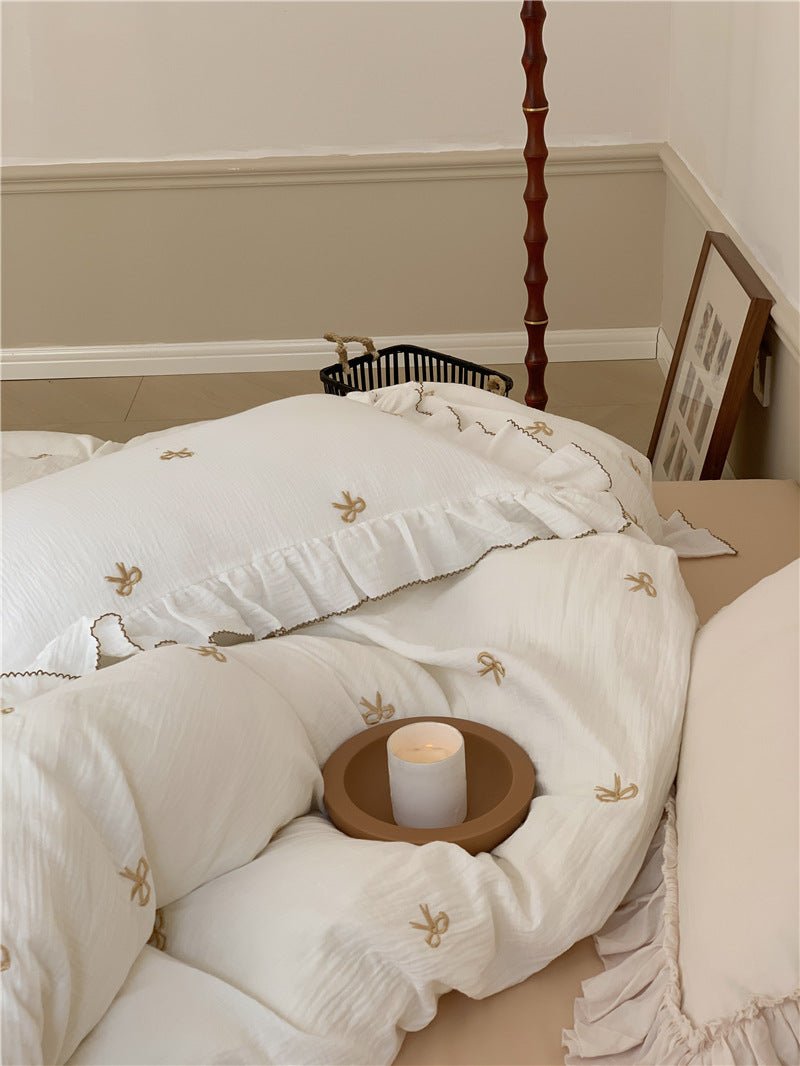Double Layer Ribbon Tie White Ruffle Bedding Set
