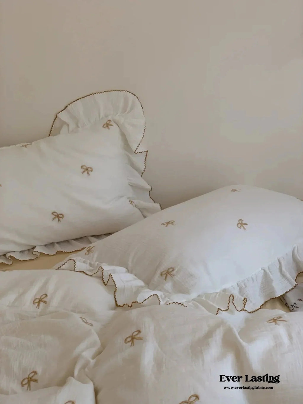 Double Layer Ribbon Tie White Ruffle Bedding Set