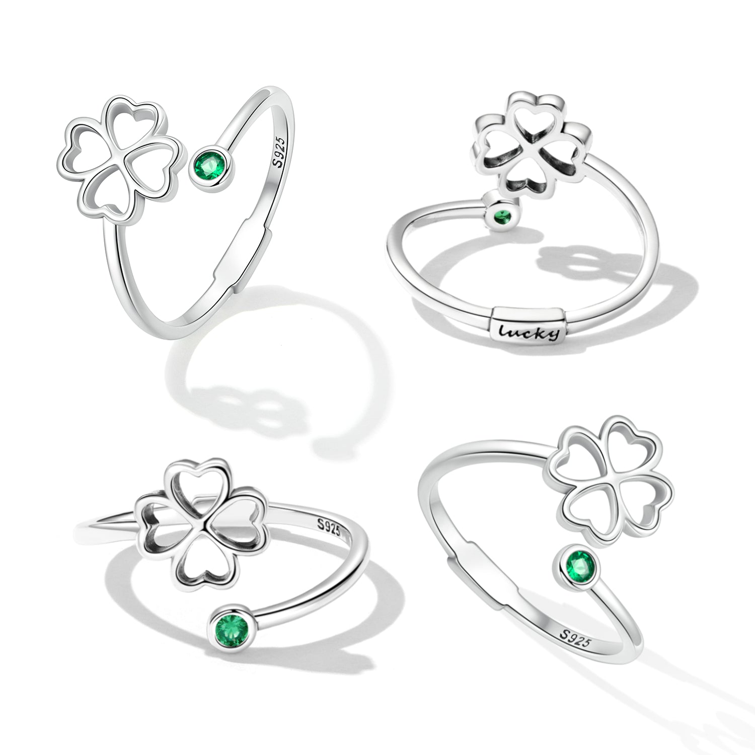 925 Sterling Silver Four-Leaf Clover Ring with Pavé CZ - 0.15cm Width