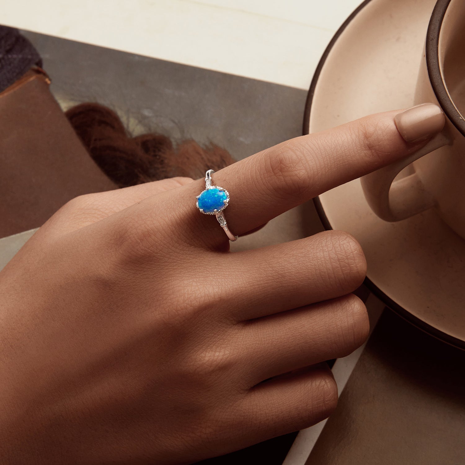 925 Sterling Silver Opal Rings in Size 6.0 with Pave Setting & Plated White Gold for Women