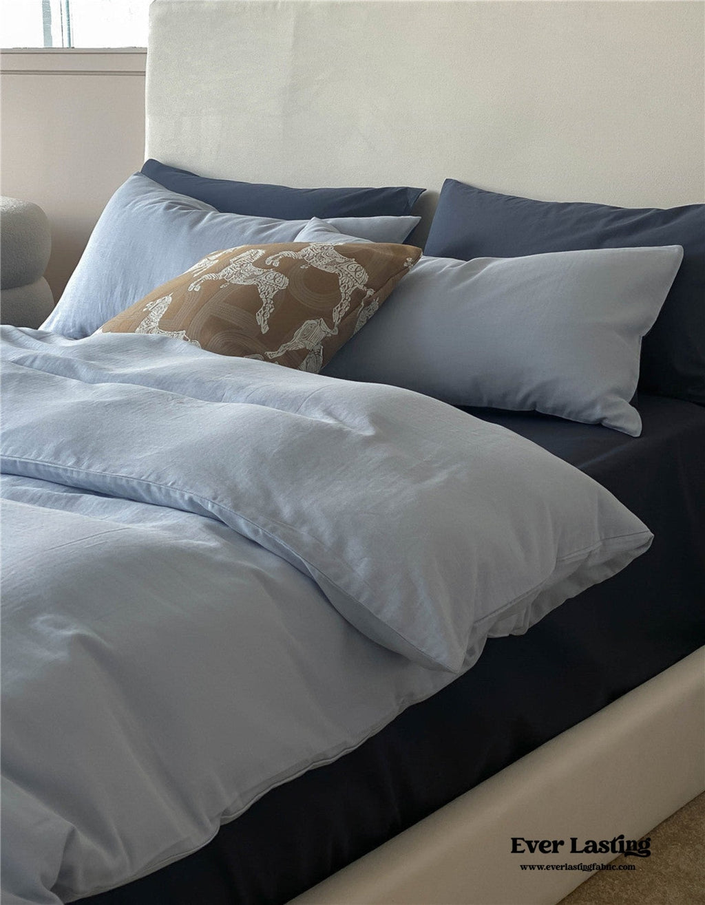 DUO Minimal Double Layer Washed Cotton Bedding Set / Khaki + Brown