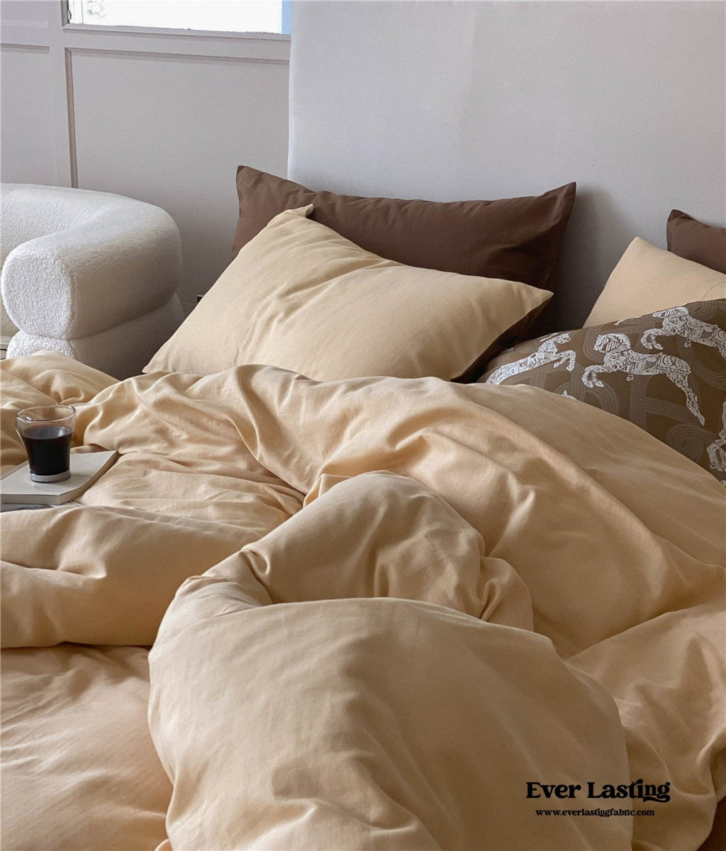 DUO Minimal Double Layer Washed Cotton Bedding Set / Khaki + Brown