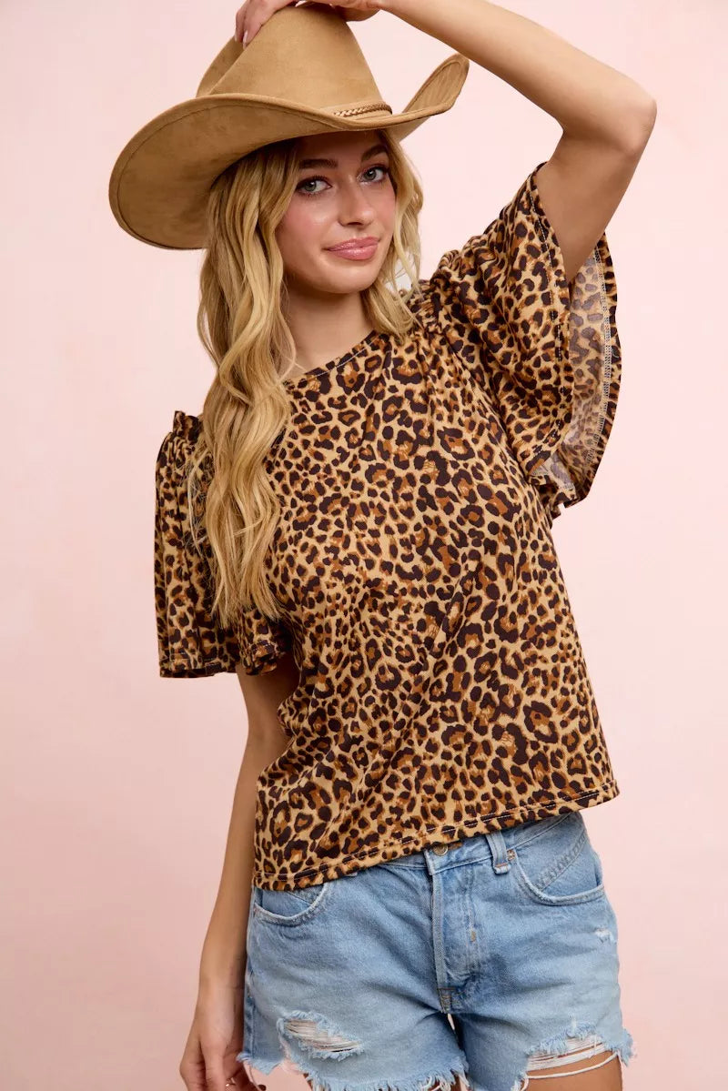 BiBi Leopard Printed Spandex Jersey Ruffle Sleeve Top