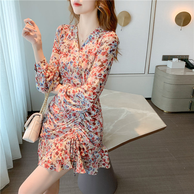 New Spring Autumn Fairy Style V-Neck Chiffon Dress