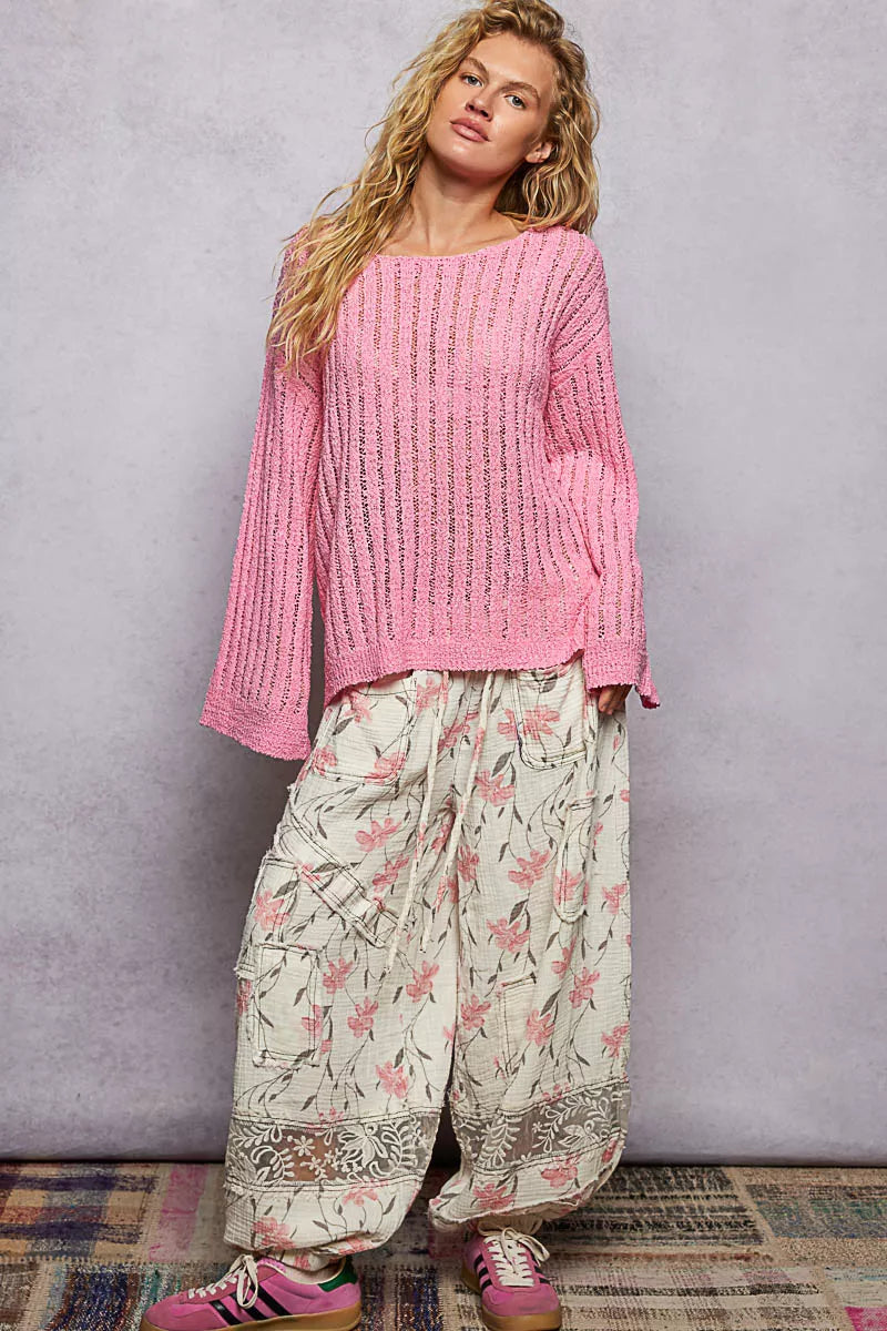POL Round Neck Long Sleeve Open Weave Sweater