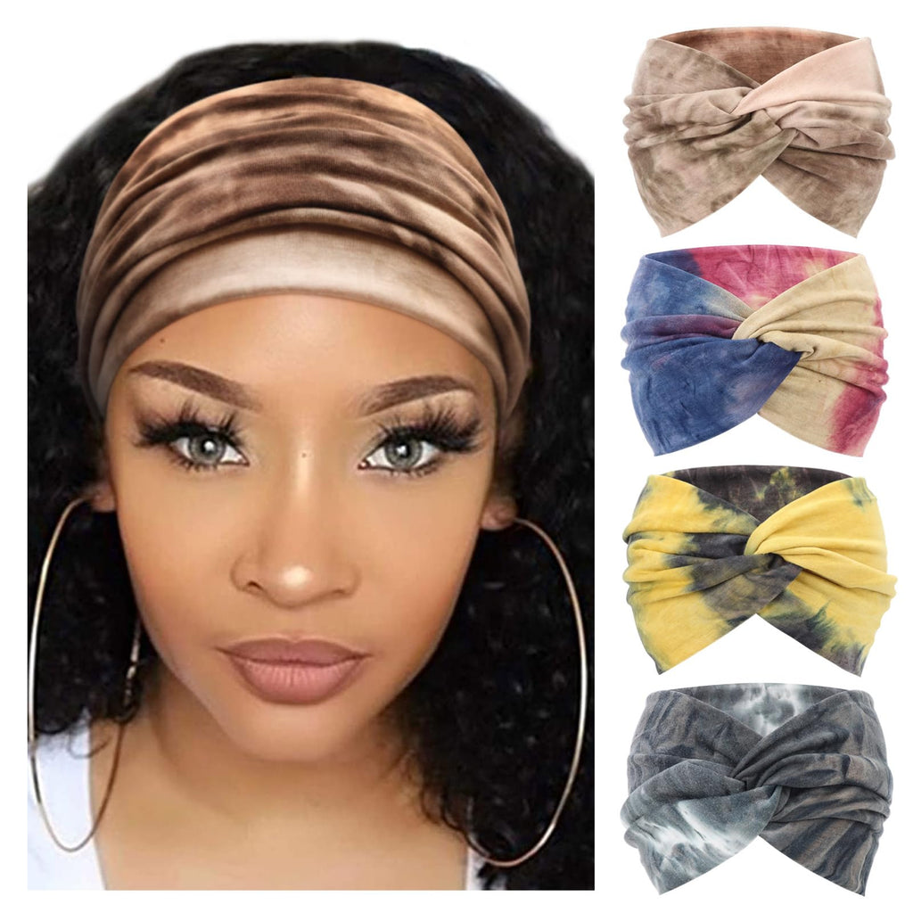 AQOKKA 4 Pack Wide Headbands for Women Large Turban Headband Non Slip Boho Elastic Hairband Hair Twisted Knot Head Bands for Womens Hair