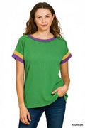 Zenana Mardi Gras Raised Rib Contrast Trim Top
