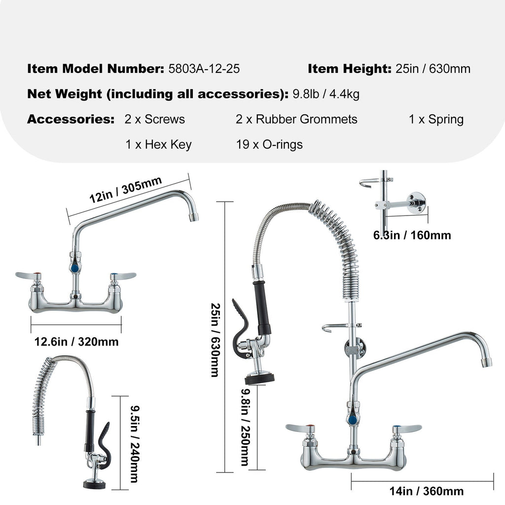 Commercial Faucet with Pre-Rinse Sprayer, 25' Height, 8' Center, 12' Swing Spout, Wall Mount Kitchen Sink Faucet, Brass Constructed Device with Pull Down Spray, for 1/2/3 Compartment Sink