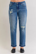 Judy Blue Full Size Mid Rise Bf Patch & Repair Destroyed Release Hem Jeans Plus Size