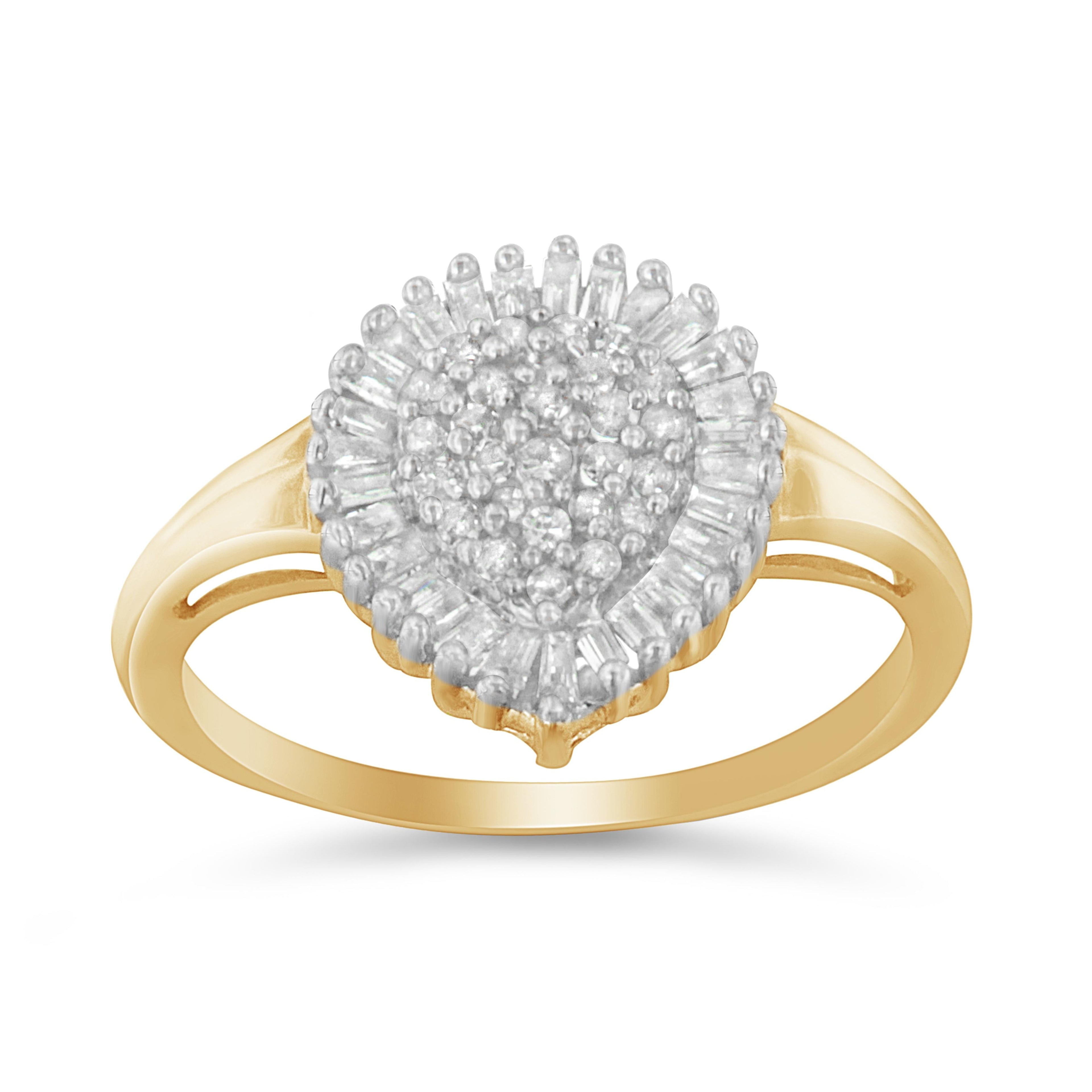 10K Yellow Gold 1/2 Cttw Round & Baguette Cut Diamond Pear Shaped Domed PavÃ© Cluster with Halo Cocktail Ring (J-K Color, I1-I2 Clarity) - Size 4-1/4