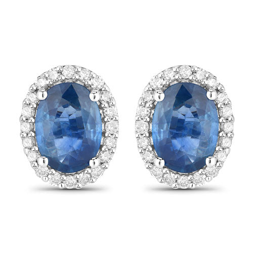 2.16 Carat Genuine Blue Sapphire and White Diamond 14K White Gold Earrings