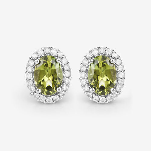 1.92 Carat Genuine Green Tourmaline and White Diamond 14K White Gold Earrings