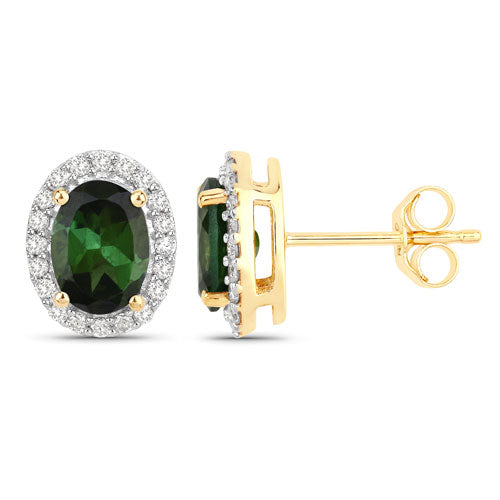 1.92 Carat Genuine Green Tourmaline and White Diamond 14K Yellow Gold Earrings