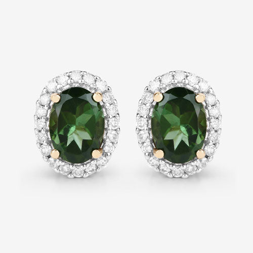 1.92 Carat Genuine Green Tourmaline and White Diamond 14K Yellow Gold Earrings