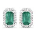 0.91 Carat Genuine Zambian Emerald and White Diamond 14K White Gold Earrings