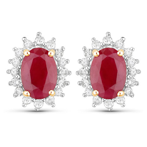 2.02 Carat Genuine Ruby and White Diamond 14K Yellow Gold Earrings