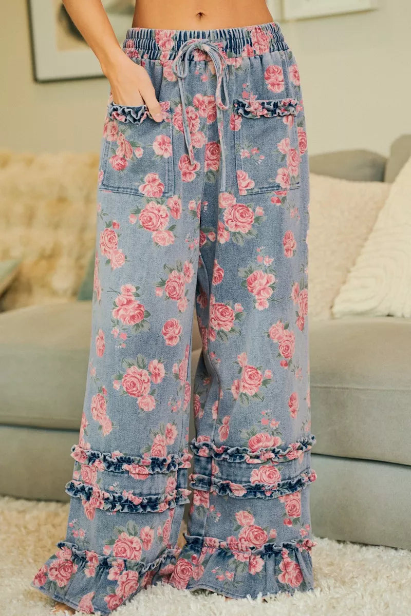 BiBi Washed Floral Denim With Ruffle Elastic Wide Pants