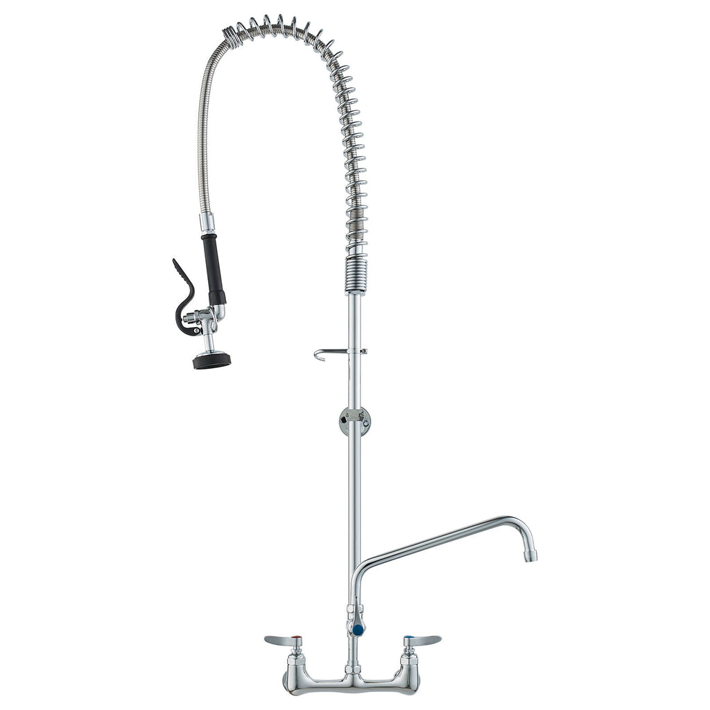 Commercial Faucet with Pre-Rinse Sprayer, 47' Height, 8' Center, 12' Swing Spout, Wall Mount Kitchen Sink Faucet, Brass Constructed Device with Pull Down Spray, for 1/2/3 Compartment Sink