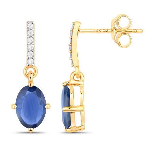 1.95 Carat Genuine Blue Sapphire and White Diamond 14K Yellow Gold Earrings