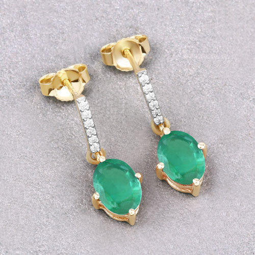 1.49 Carat Genuine Zambian Emerald and White Diamond 10K Yellow Gold Earrings