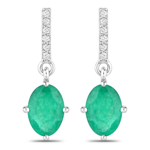 1.49 Carat Genuine Zambian Emerald and White Diamond 14K White Gold Earrings