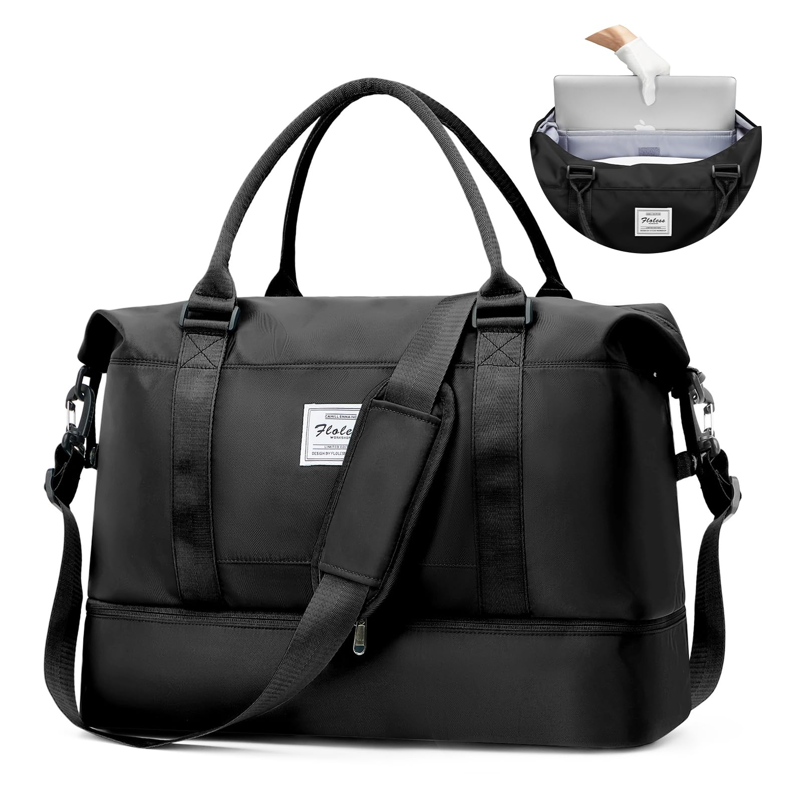 Weekender Bags for Women Travel Duffel Bags with Shoe Compartment & Laptop CompartmentPersonal Item Travel Bag for AirlinesCarry on Overnight Tote Bag for women Upgraded-Black