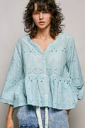 POL Eyelet Embroidery Peplum Button Front Cotton Shirt
