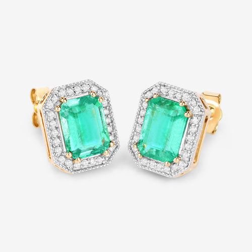 2.99 Carat Genuine Ethiopian Emerald and White Diamond 14K Yellow Gold Earrings